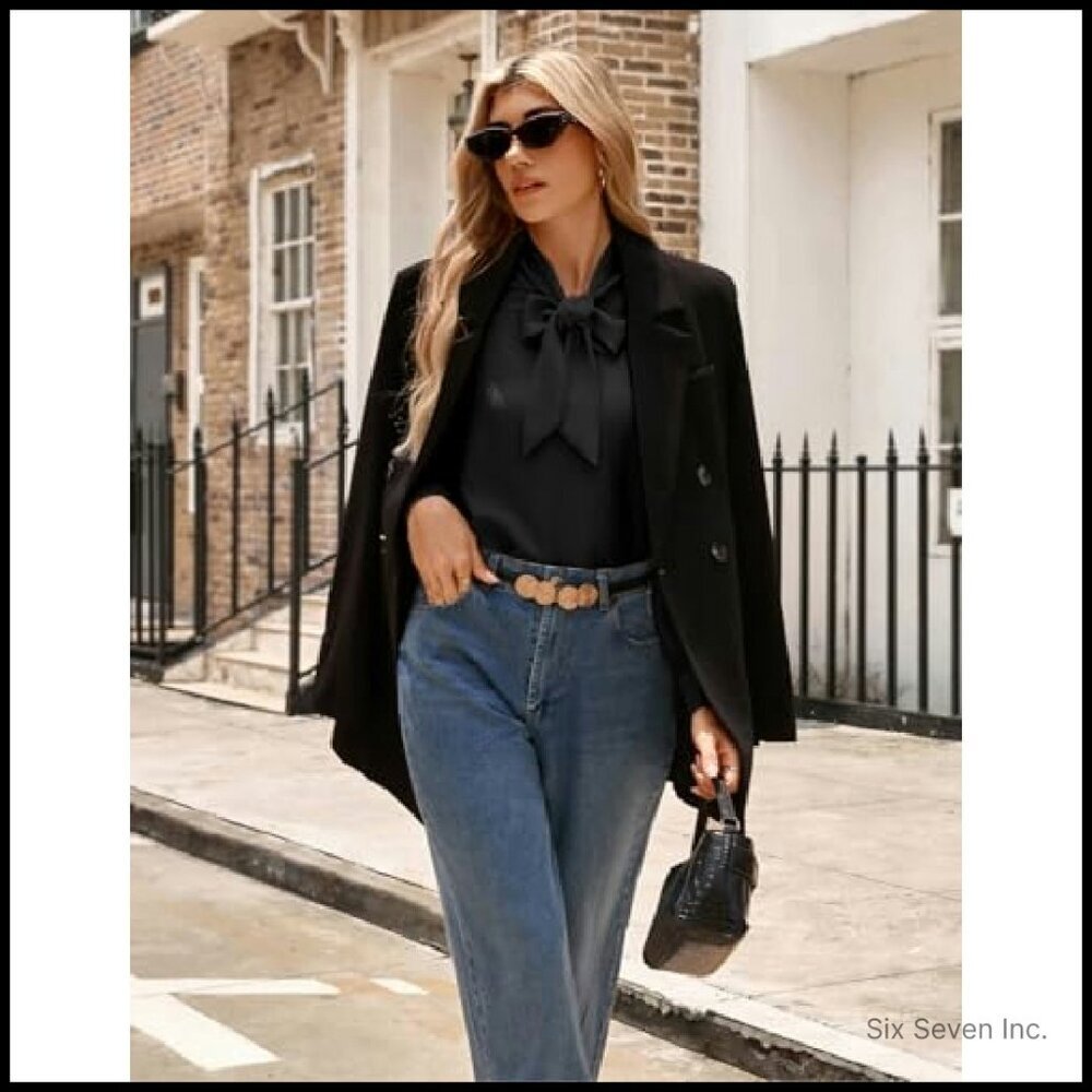 Elegant Bow Tie Blouse Long Sleeve Work Shirt Professional Chic Office Wear - Picture 4 of 8